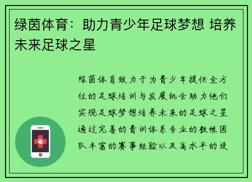 绿茵体育：助力青少年足球梦想 培养未来足球之星