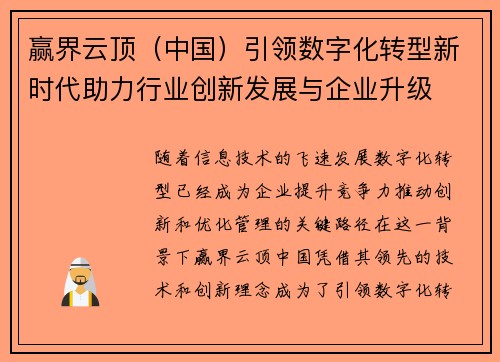 赢界云顶（中国）引领数字化转型新时代助力行业创新发展与企业升级
